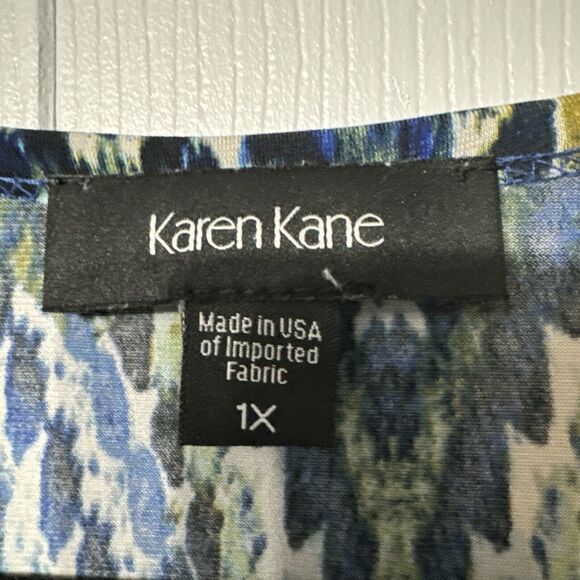 Karen Kane 1x blue geometric print 3/4 sleeve tunic top. - Picture 2 of 5